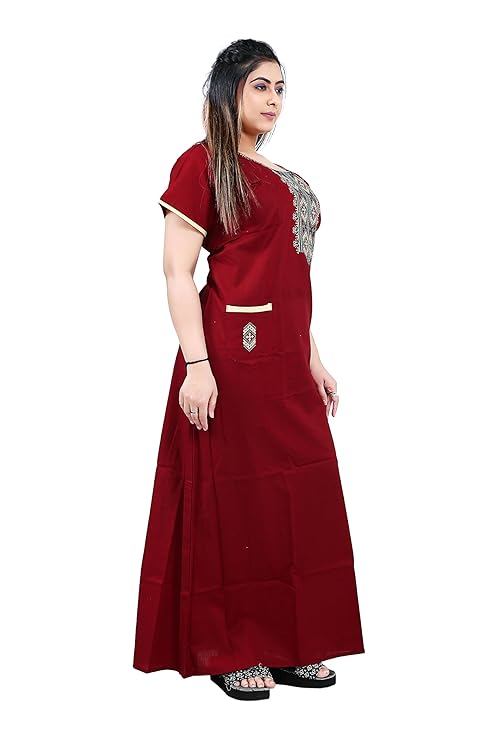 Zairra Women’s Cotton Embroidered Nightgown with Pocket – Elegant Red Maxi Sleepwear