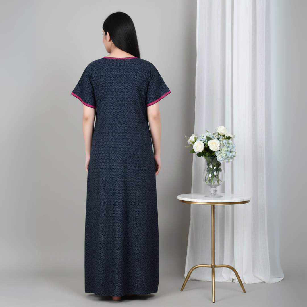 Zairra Women’s Cotton Printed Maxi Nightgown – Navy Blue with Pink Contrast Zipper (Free Size)