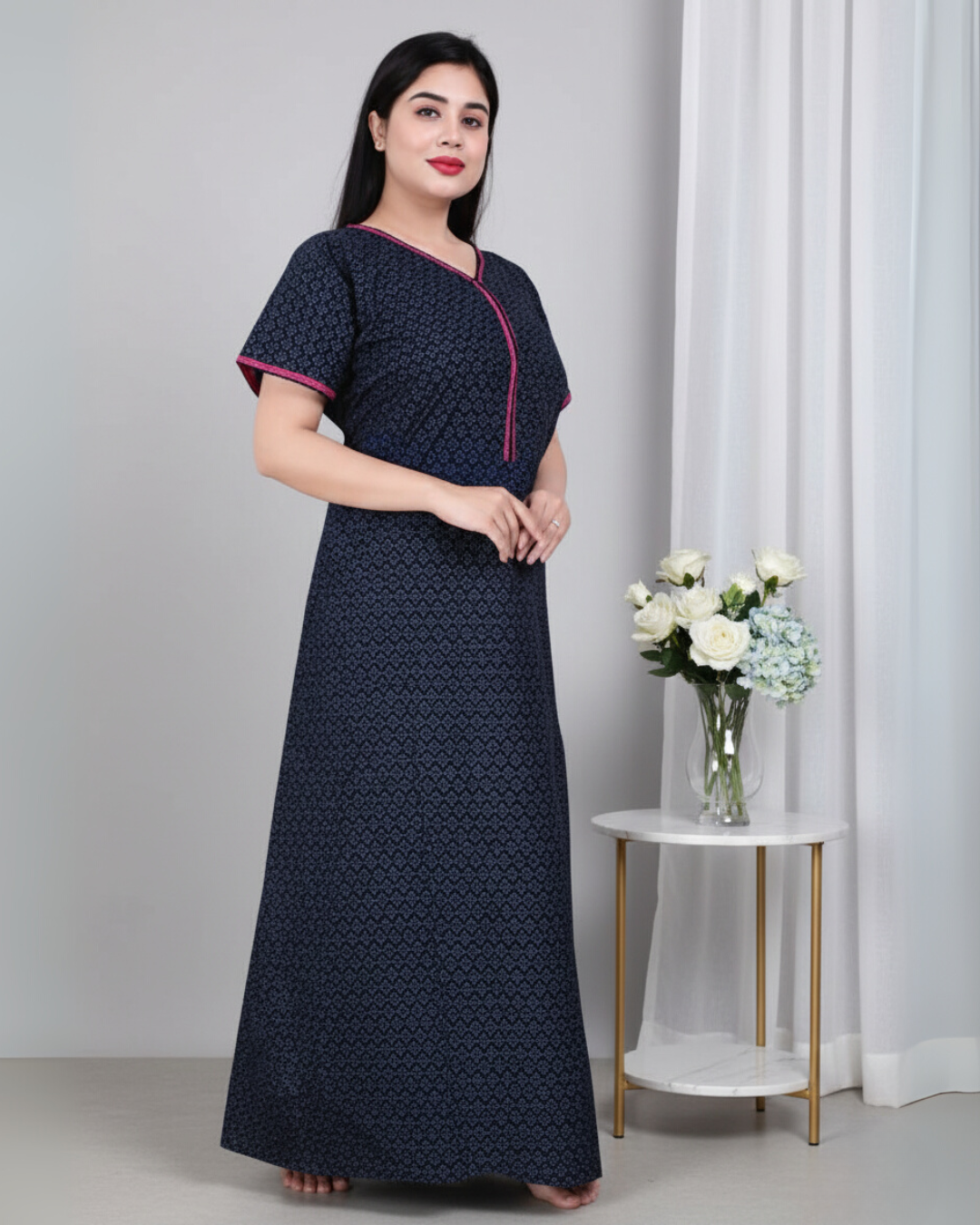 Zairra Women’s Cotton Printed Maxi Nightgown – Navy Blue with Pink Contrast Zipper (Free Size)