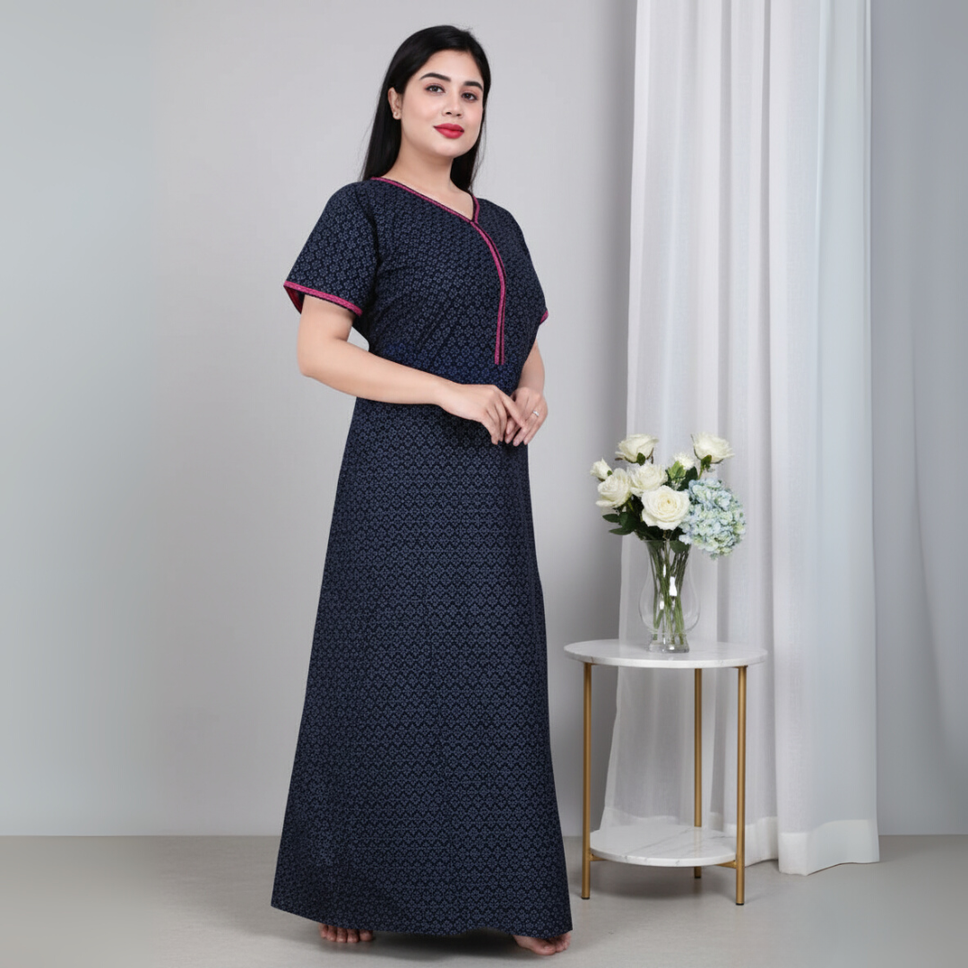Zairra Women’s Cotton Printed Maxi Nightgown – Navy Blue with Pink Contrast Zipper (Free Size)