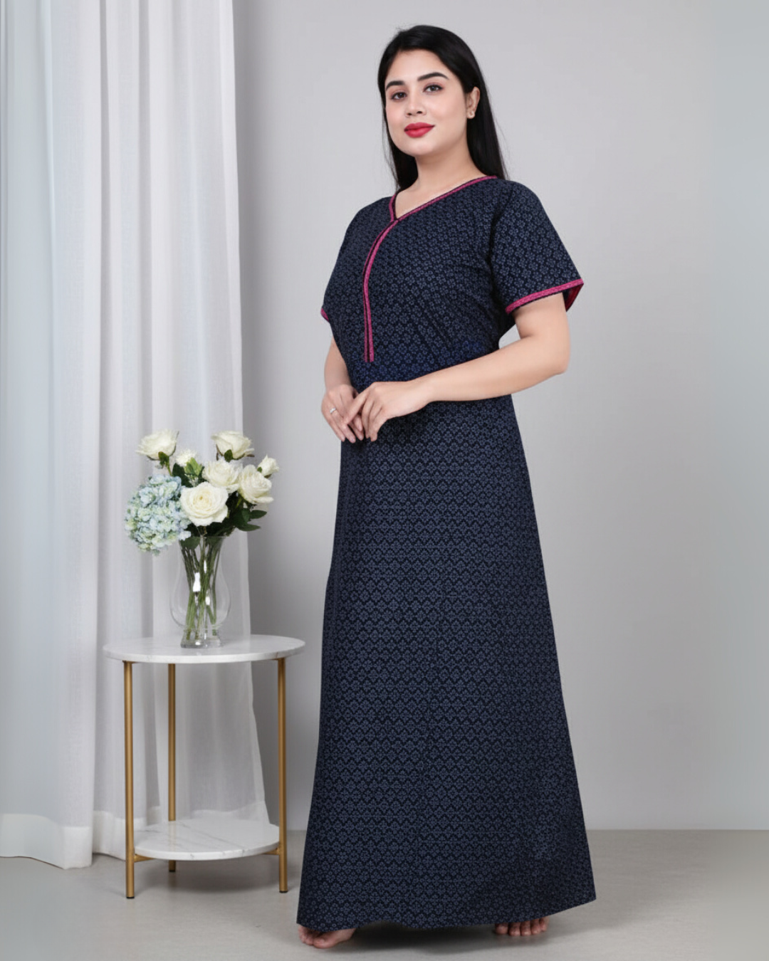 Zairra Women’s Cotton Printed Maxi Nightgown – Navy Blue with Pink Contrast Zipper (Free Size)