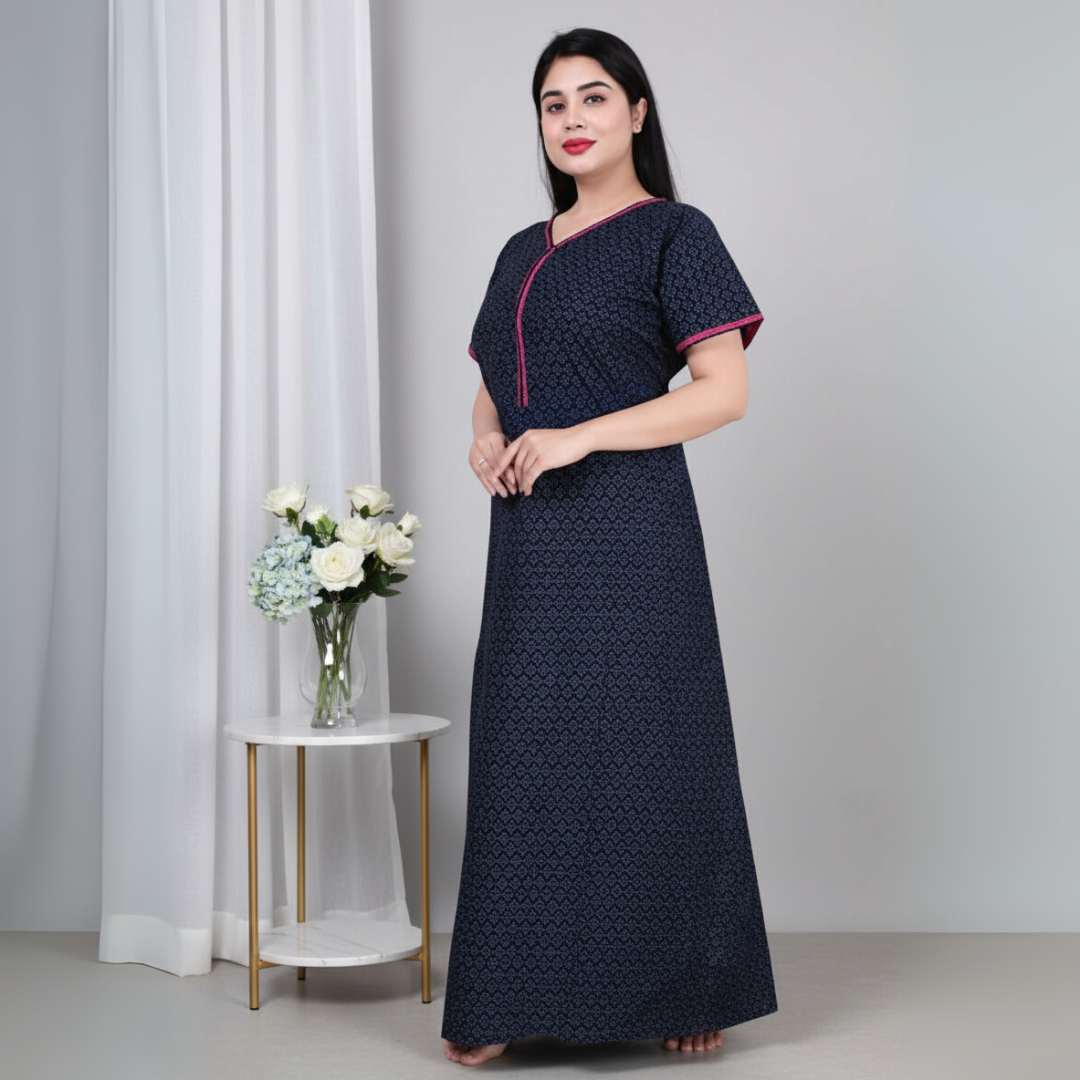 Zairra Women’s Cotton Printed Maxi Nightgown – Navy Blue with Pink Contrast Zipper (Free Size)