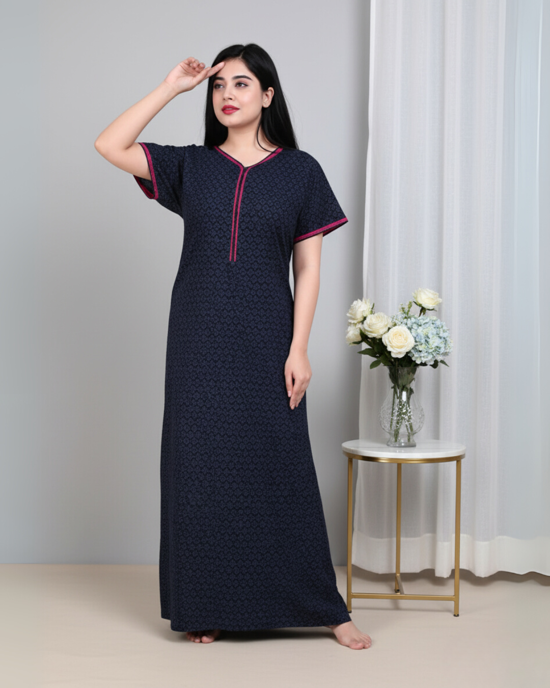 Zairra Women’s Cotton Printed Maxi Nightgown – Navy Blue with Pink Contrast Zipper (Free Size)