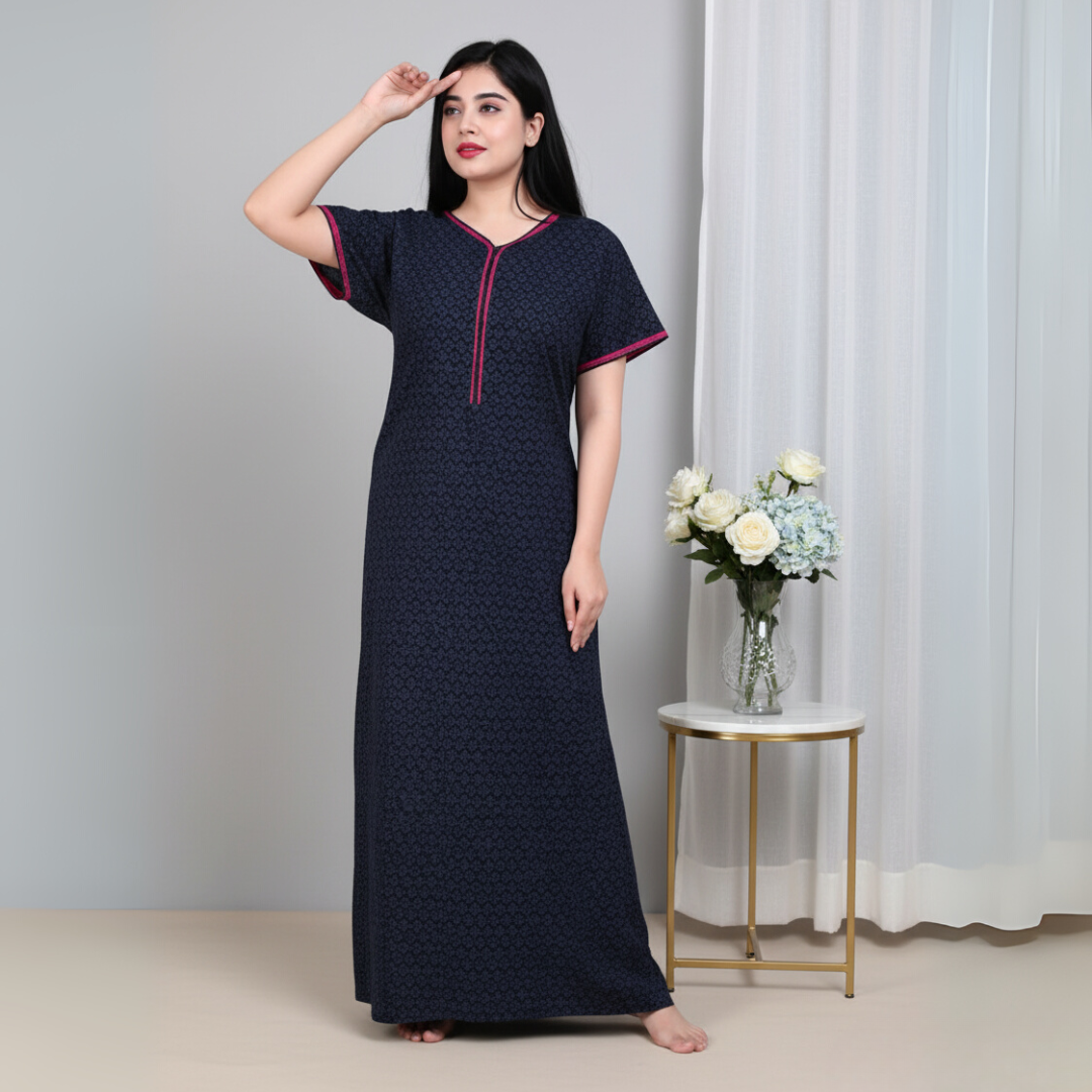 Zairra Women’s Cotton Printed Maxi Nightgown – Navy Blue with Pink Contrast Zipper (Free Size)