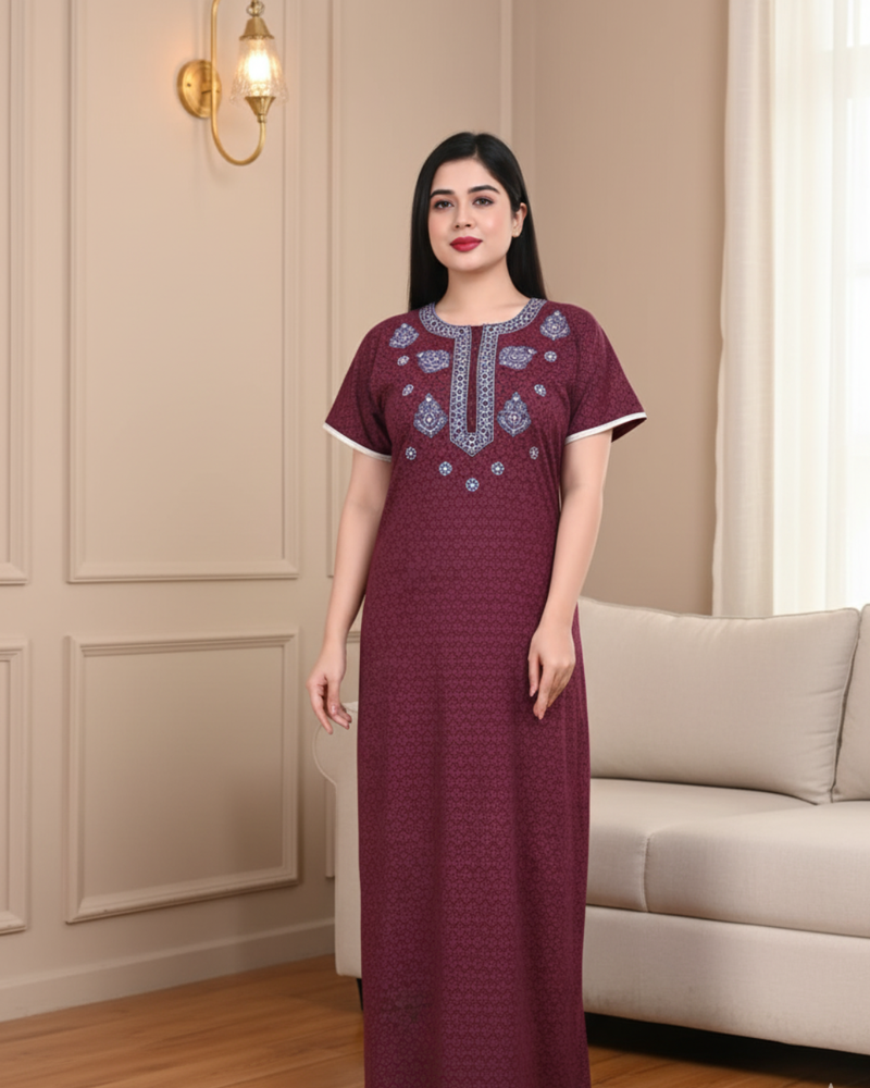 Zairra Women’s Cotton Printed Maxi Nightgown – Maroon with Blue Embroidered Yoke (Free Size, Zipper Closure)