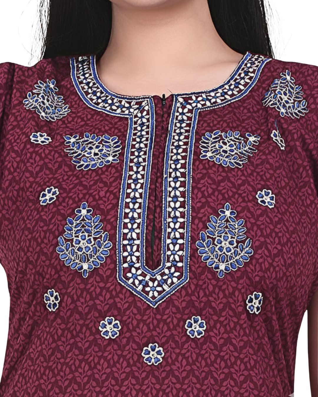 Zairra Women’s Cotton Printed Maxi Nightgown – Maroon with Blue Embroidered Yoke (Free Size, Zipper Closure)