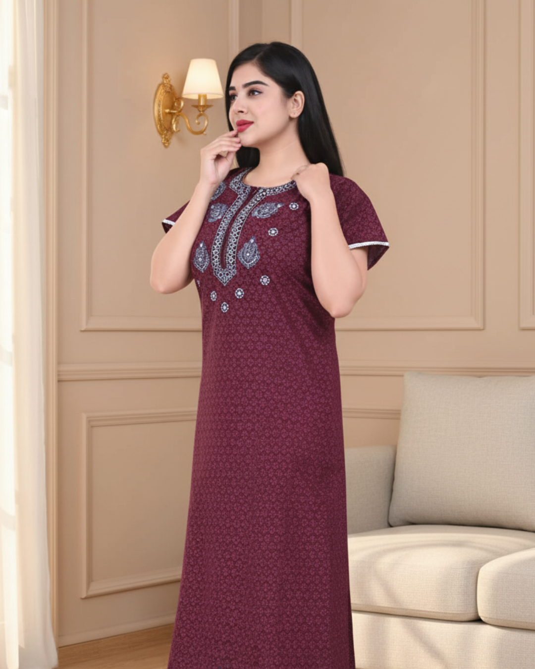 Zairra Women’s Cotton Printed Maxi Nightgown – Maroon with Blue Embroidered Yoke (Free Size, Zipper Closure)