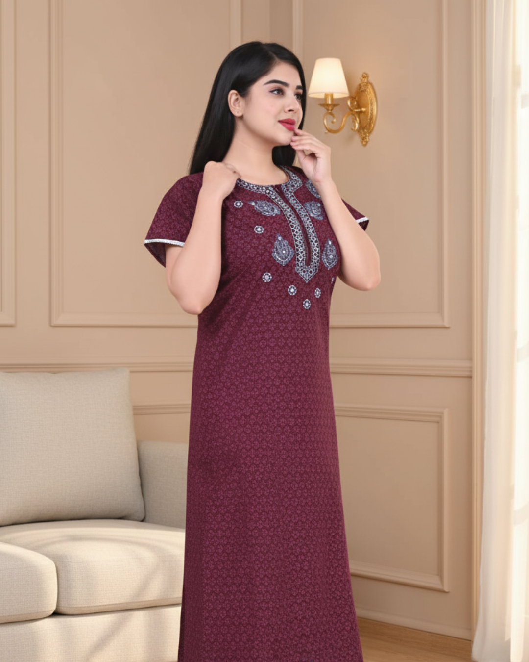 Zairra Women’s Cotton Printed Maxi Nightgown – Maroon with Blue Embroidered Yoke (Free Size, Zipper Closure)