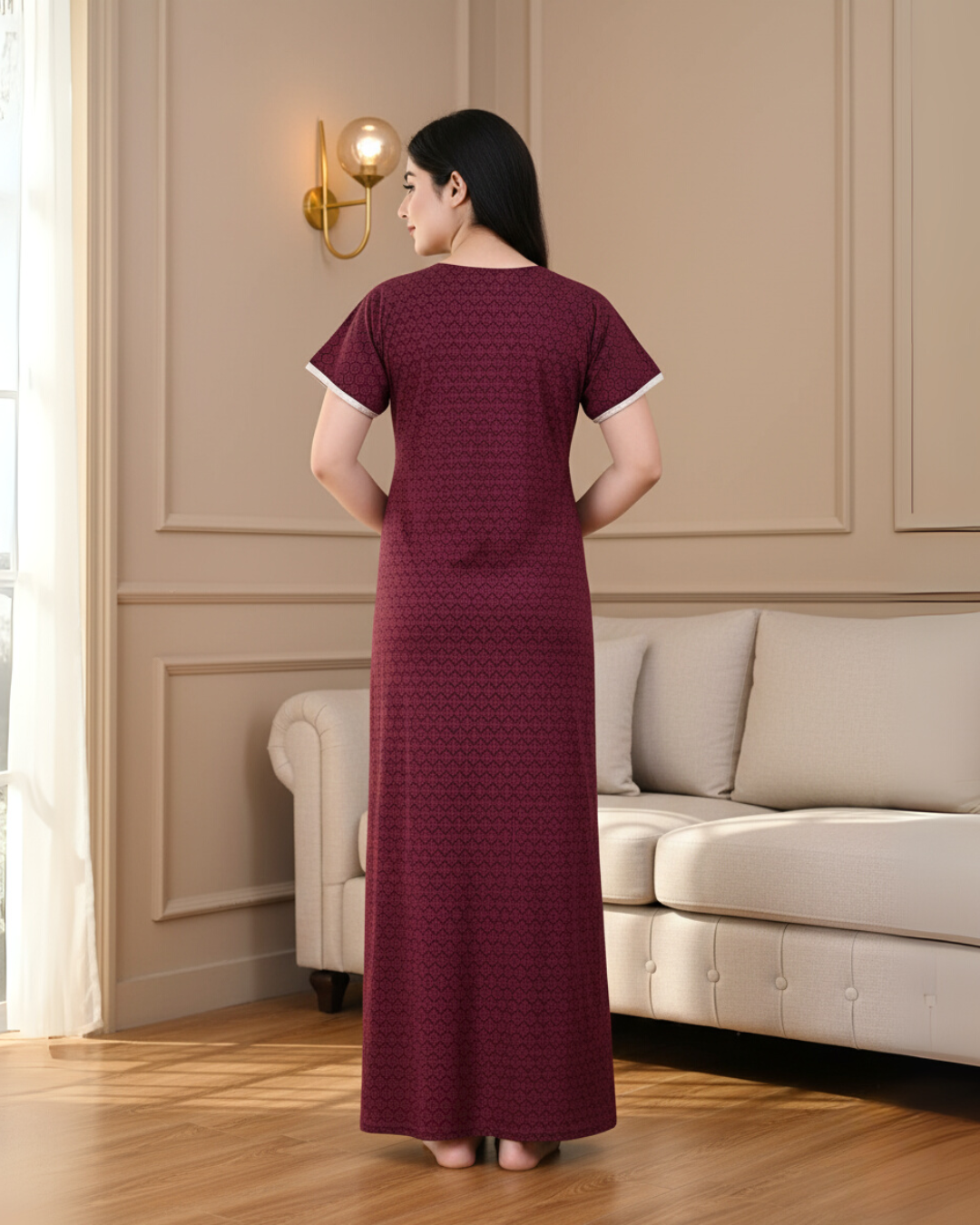 Zairra Women’s Cotton Printed Maxi Nightgown – Maroon with Blue Embroidered Yoke (Free Size, Zipper Closure)