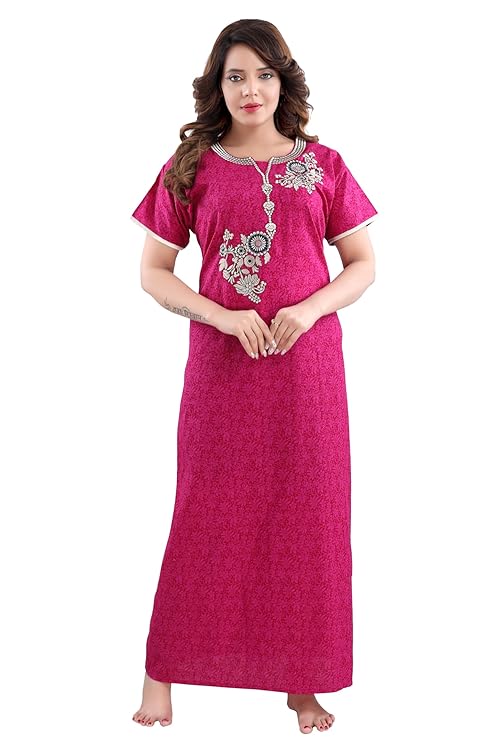 Zairra Embroidered Cotton Maxi Nightgown for Women – Magenta Pink with White Floral Embroidery