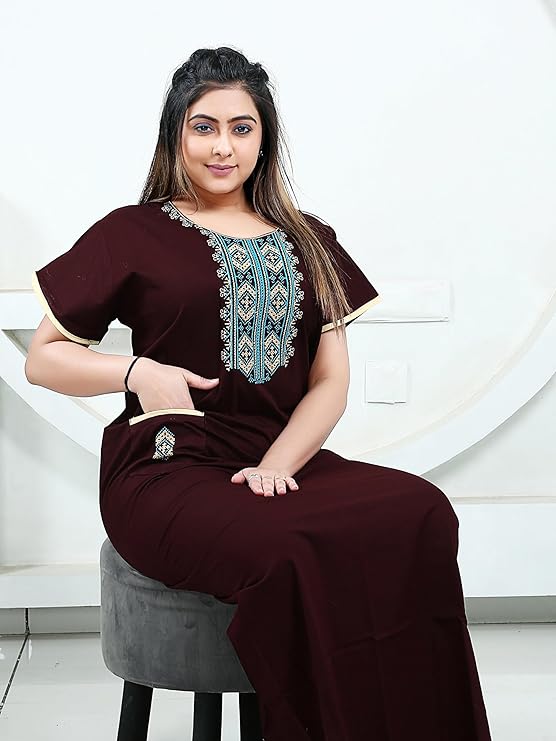 Zairra Women’s Cotton Printed Nightgown with Pocket – Maroon Embroidered Maxi Sleepwear