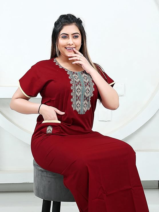 Zairra Women’s Cotton Embroidered Nightgown with Pocket – Elegant Red Maxi Sleepwear