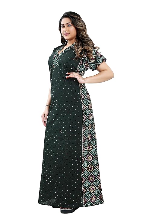 Zairra Women Cotton Nighty – Deep Green with Ethnic Border & Yoke - Breathable Pull-On Maxi Nightdress