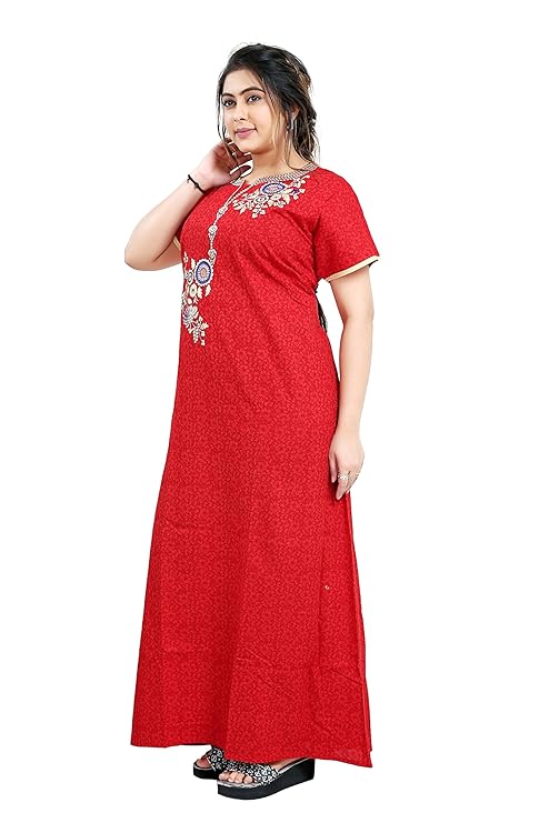 Zairra Embroidered Cotton Nightgown for Women – Deep Red with Floral Embroidery