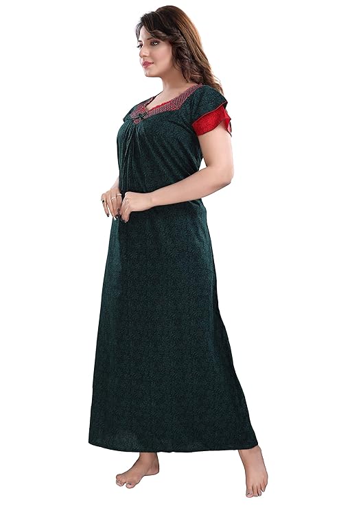 Zairra Cotton Printed Maxi Nightgown for Women – Deep Green with Red Contrast Neckline