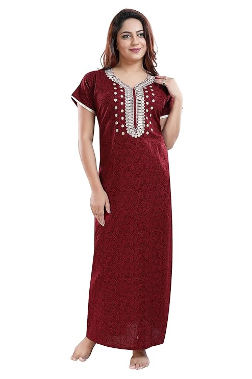 Zairra Embroidered Cotton Maxi Nightgown – Maroon, Free Size