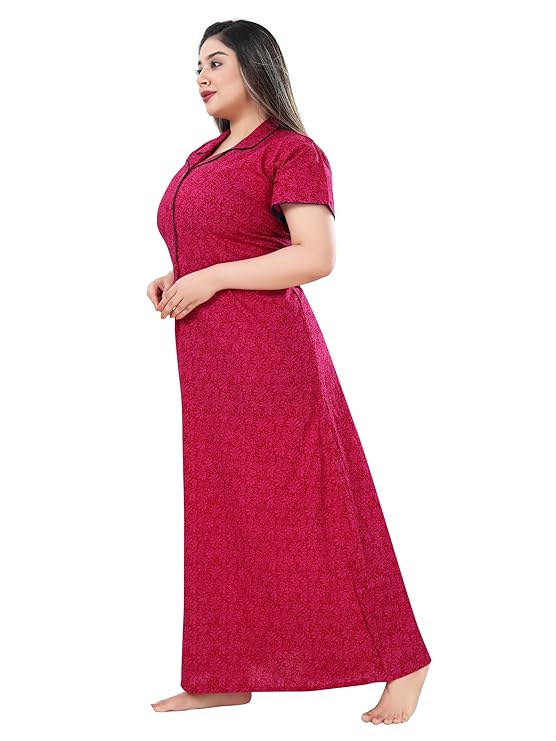 Zairra Pink Printed Cotton Maxi Nighty for Women – Button Front, Free Size