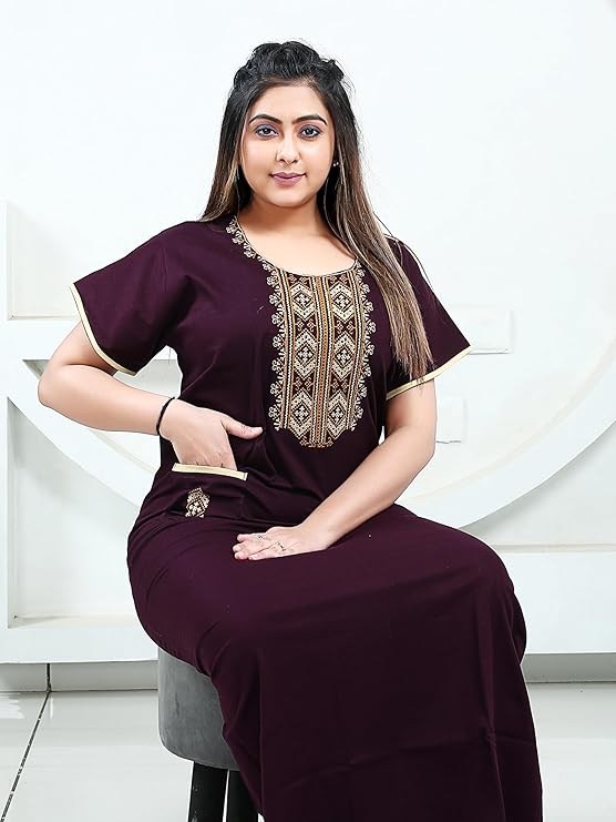 Zairra Women’s Cotton Embroidered Nightgown with Pocket – Deep Wine Maxi Sleepwear
