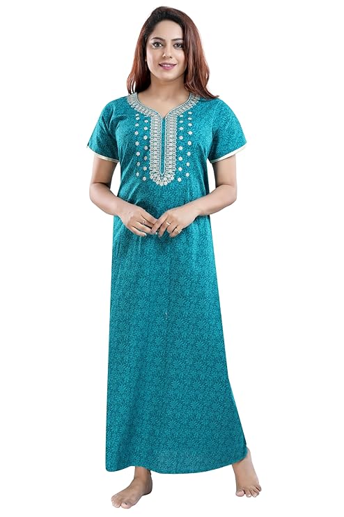 Zairra Solid Cotton Maxi Nightgown – Rama Green, Free Size