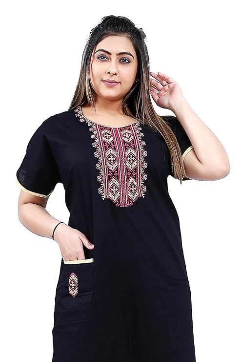 Zairra Women’s Cotton Embroidered Nightgown with Pocket – Black Maxi Sleepwear