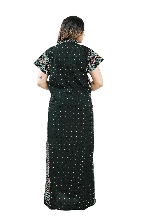 Zairra Women Cotton Nighty – Deep Green with Ethnic Border & Yoke - Breathable Pull-On Maxi Nightdress