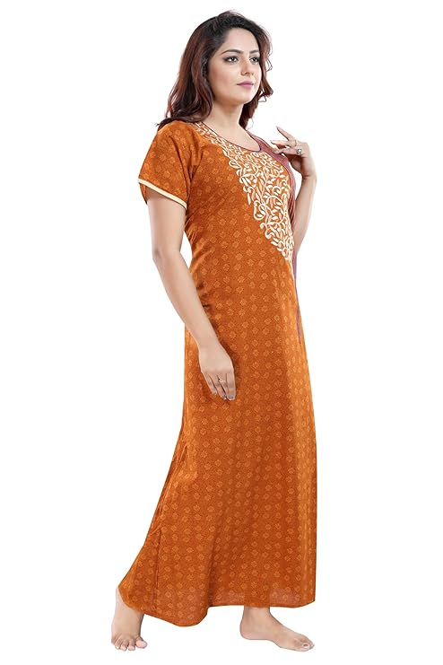 Zairra Women’s Embroidered Cotton Maxi Nightgown – Rust Orange Ethnic Charm