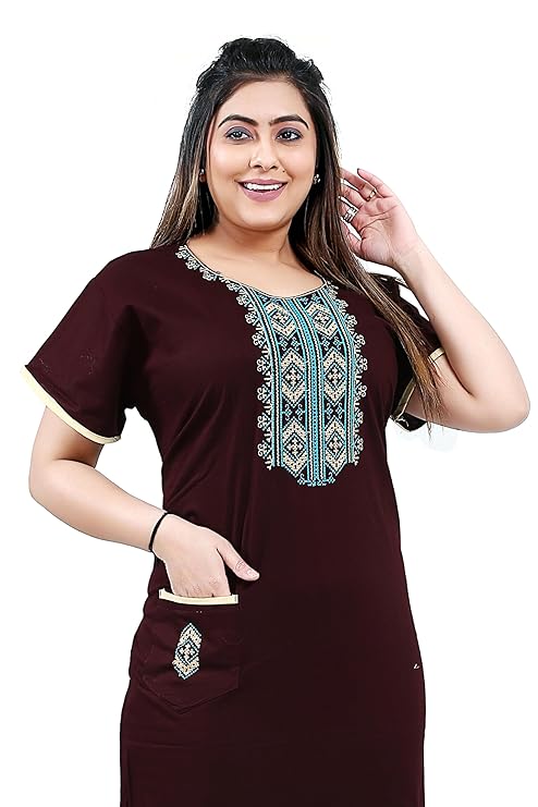 Zairra Women’s Cotton Printed Nightgown with Pocket – Maroon Embroidered Maxi Sleepwear