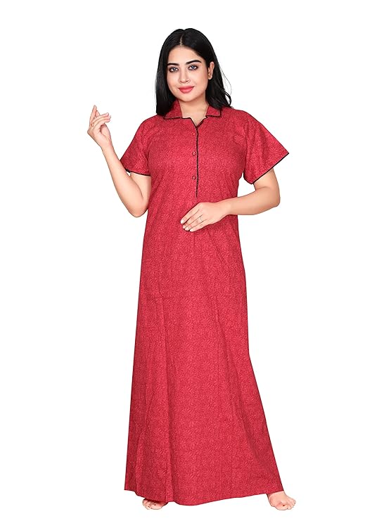 Zairra Solid Cotton Maxi Nighty for Women – Red with Button Closure (Free Size)