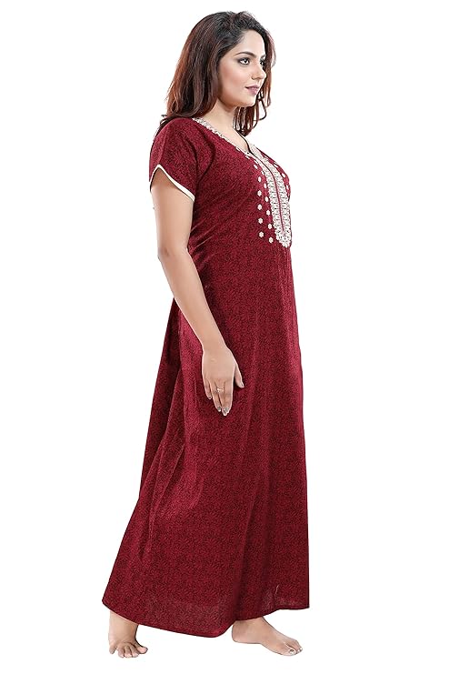 Zairra Embroidered Cotton Maxi Nightgown – Maroon, Free Size