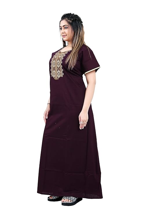 Zairra Women’s Cotton Embroidered Nightgown with Pocket – Deep Wine Maxi Sleepwear