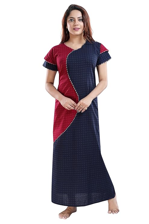 Zairra Women’s Cotton Printed Maxi Nightgown – Dual Tone Comfort in Navy & Maroon