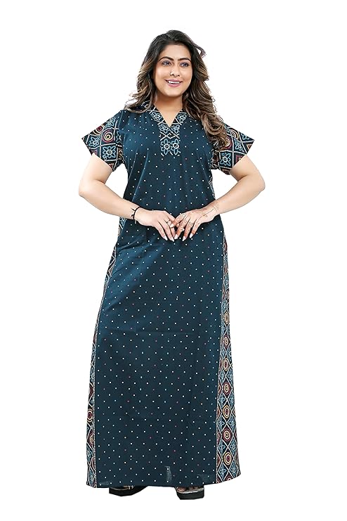 Zairra Women Cotton Nighty – Navy Blue with Ethnic Yoke & Side Panel - Soft Pull-On Maxi Nightwear