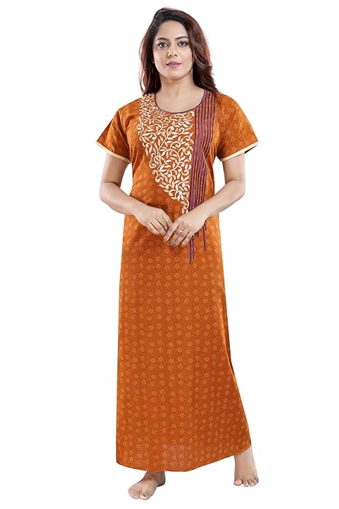 Zairra Women’s Embroidered Cotton Maxi Nightgown – Rust Orange Ethnic Charm