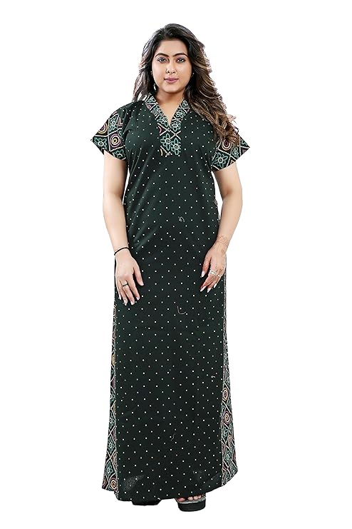Zairra Women Cotton Nighty – Deep Green with Ethnic Border & Yoke - Breathable Pull-On Maxi Nightdress