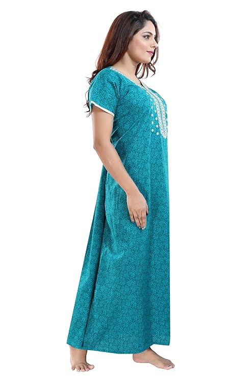 Zairra Solid Cotton Maxi Nightgown – Rama Green, Free Size