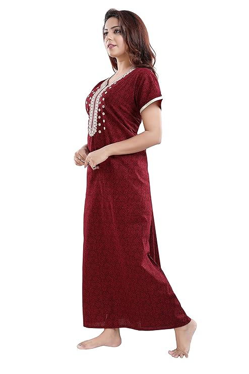 Zairra Embroidered Cotton Maxi Nightgown – Maroon, Free Size