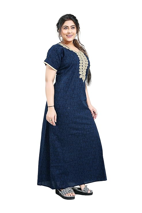 Zairra Blue Embroidered Cotton Nighty for Women – Soft Cotton, Maxi Fit
