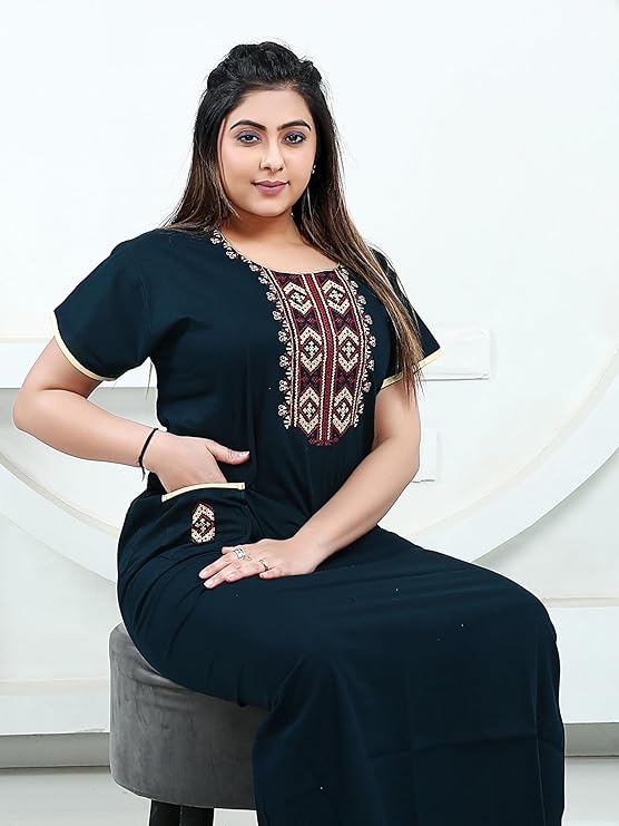 Zairra Women’s Cotton Embroidered Nightgown with Pocket – Navy Blue Maxi Sleepwear