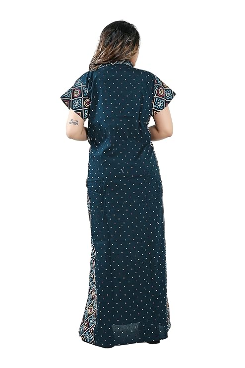 Zairra Women Cotton Nighty – Navy Blue with Ethnic Yoke & Side Panel - Soft Pull-On Maxi Nightwear