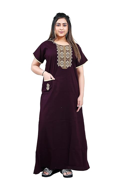 Zairra Women’s Cotton Embroidered Nightgown with Pocket – Deep Wine Maxi Sleepwear