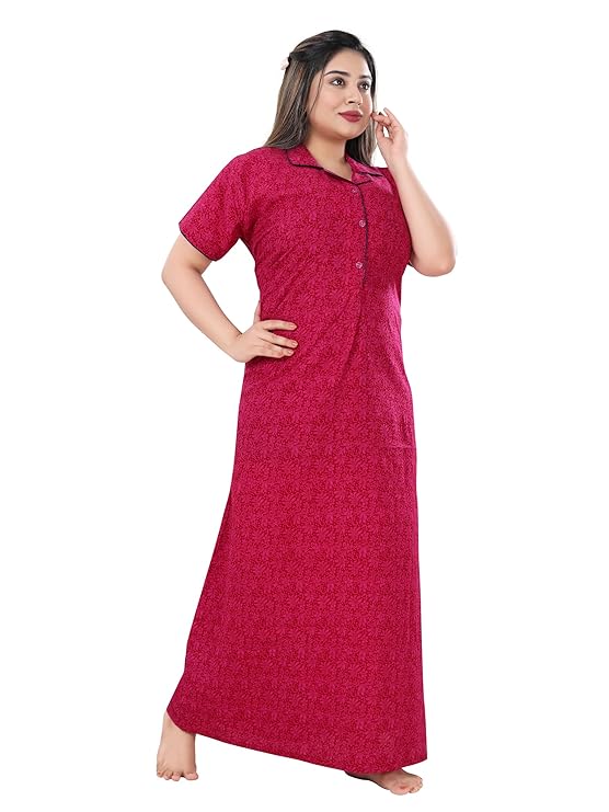 Zairra Pink Printed Cotton Maxi Nighty for Women – Button Front, Free Size