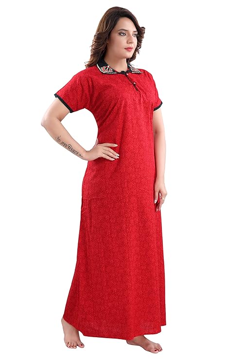 Zairra Embroidered Cotton Full-Length Nightgown with Collar Neck for Women – Red with Black Embroidery, Free Size