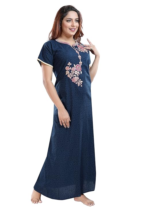 Zairra Embroidered Cotton Full-Length Maxi Nighty for Women – Navy Blue with Floral Embroidery, Free Size