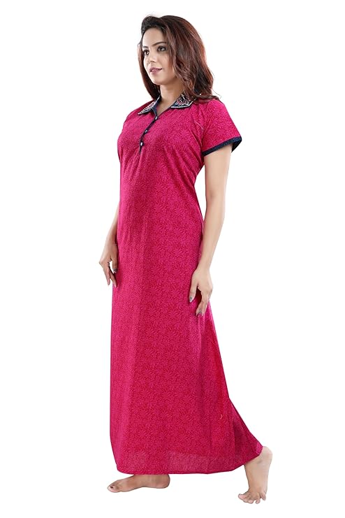 Zairra Embroidered Cotton Maxi Nightgown for Women – Dark Pink with Contrast Collar