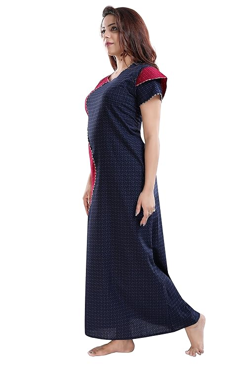 Zairra Women’s Cotton Printed Maxi Nightgown – Dual Tone Comfort in Navy & Maroon