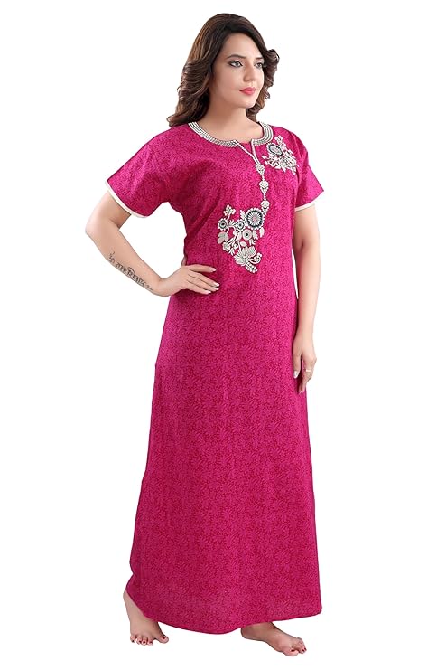 Zairra Embroidered Cotton Maxi Nightgown for Women – Magenta Pink with White Floral Embroidery