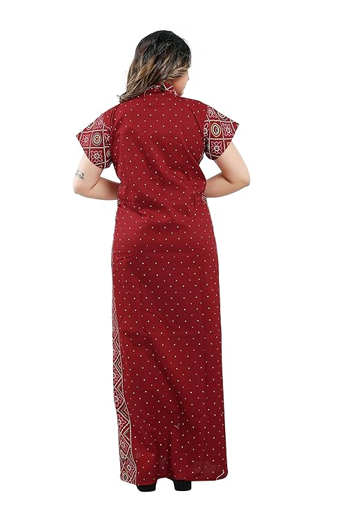 Zairra Women Cotton Nighty – Deep Red Maxi with Ethnic Yoke & Sleeves - Breathable Pull-On Nightwear