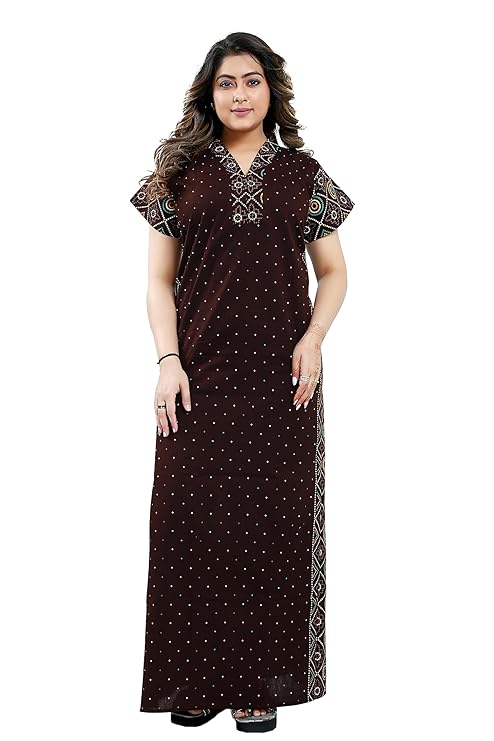 Zairra Women Cotton Nighty – Maroon with Ethnic Embroidery - Breathable Comfort for Daily Wear