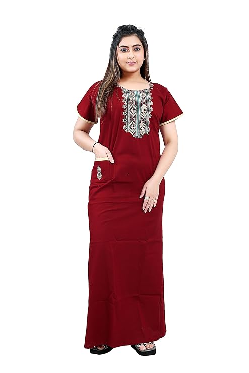Zairra Women’s Cotton Embroidered Nightgown with Pocket – Elegant Red Maxi Sleepwear