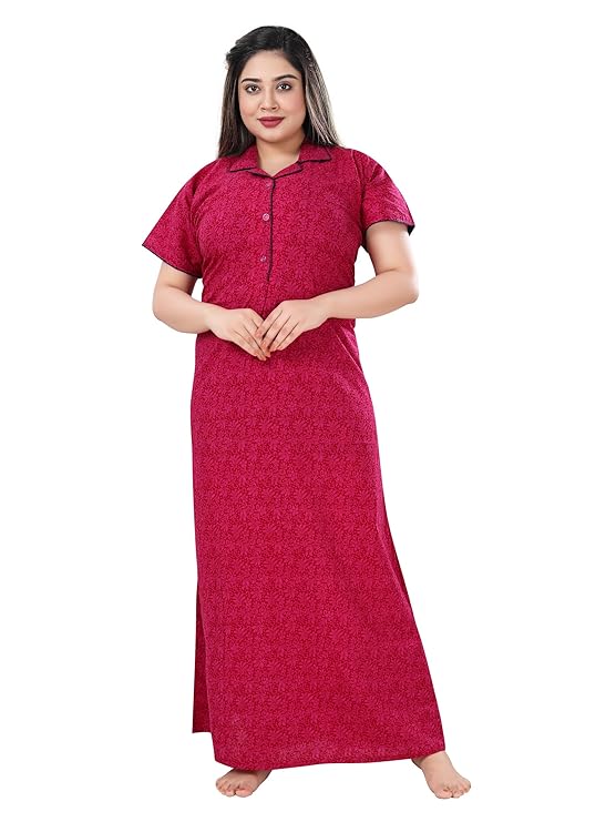 Zairra Pink Printed Cotton Maxi Nighty for Women – Button Front, Free Size